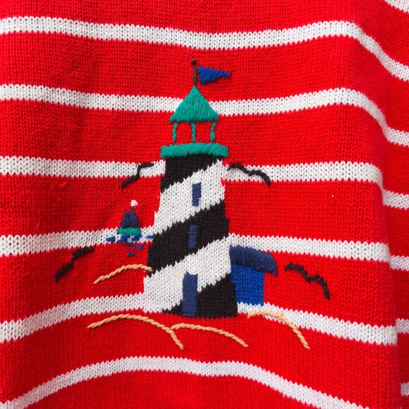 90s Sag Habor Embroidered Lighthouse Nautical Striped Knit Sweater sz M Red Whit - Picture 5 of 10